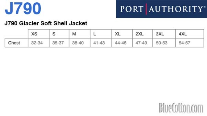 Size chart for a J790 Glacier Soft Shell Jacket